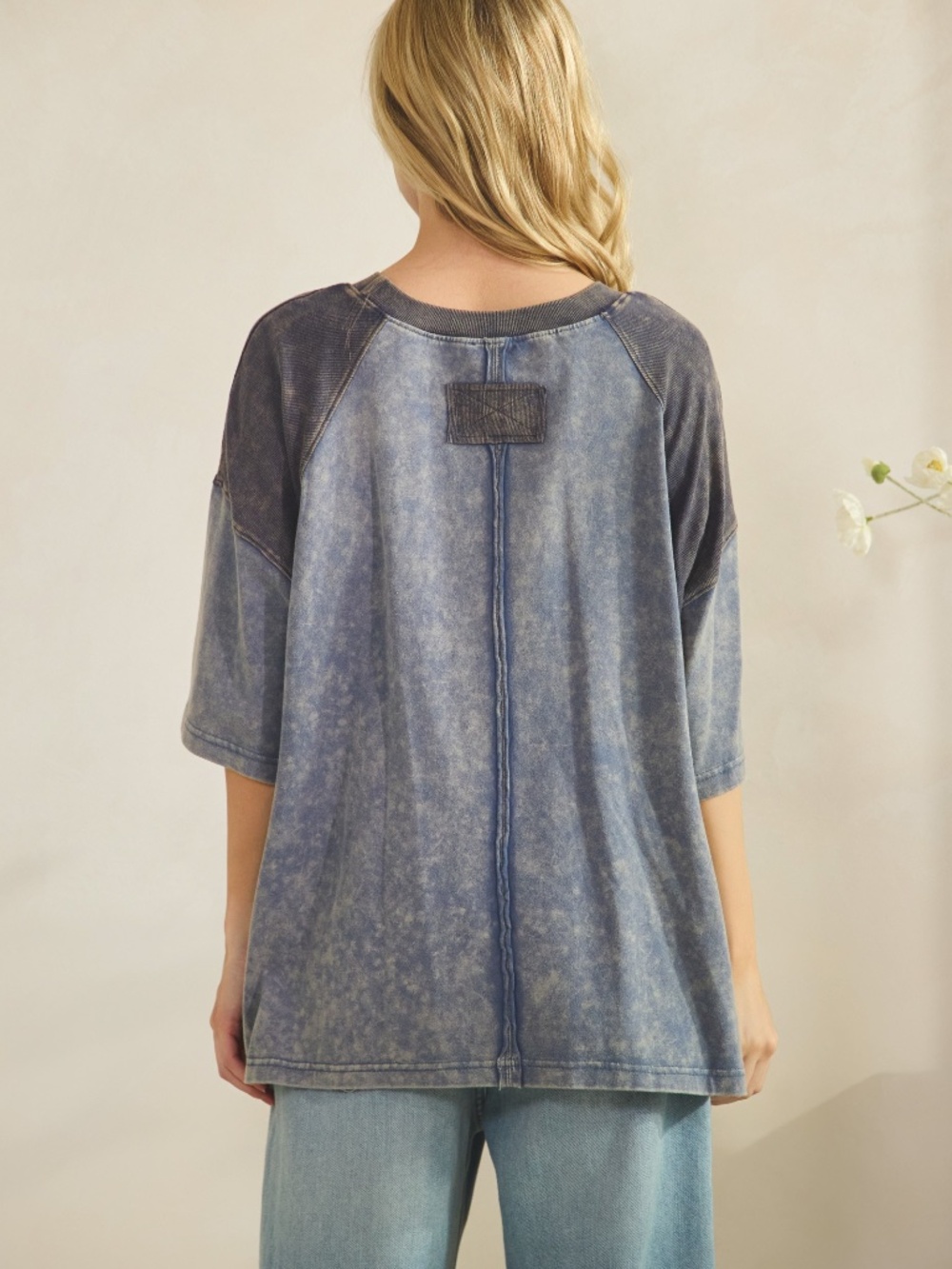 Sage + Fig Blue Mineral Wash Peace Star Patch Short Sleeve Top - Picture 2 of 6